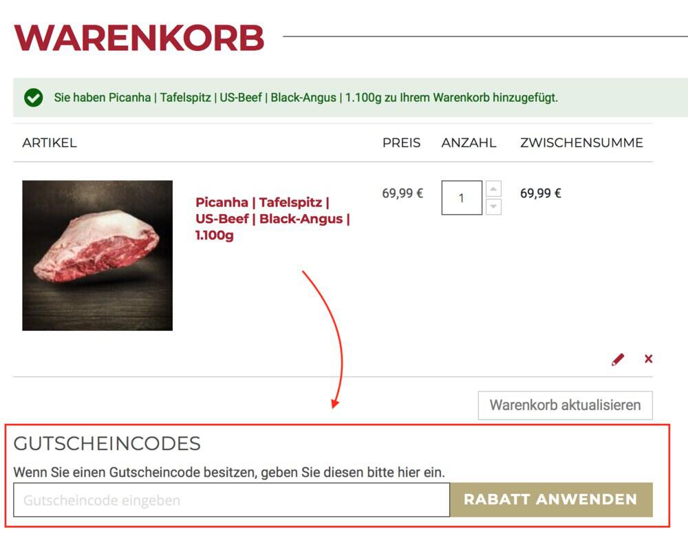 Warenkorb-Screenshot mit Eingabefeld für deinen Der Ludwig Gutschein