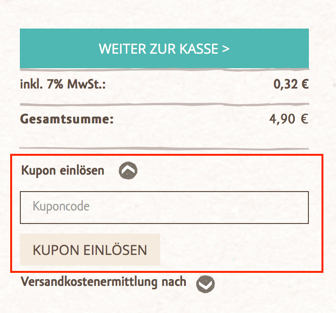 Eingabefeld für Der Zuckerbäcker Gutschein im Warenkorb