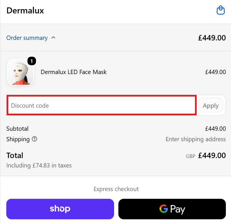 Dermalux discount code redemption box at checkout image