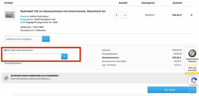 Eingabefeld für den Designbäder Gutschein im Warenkorb
