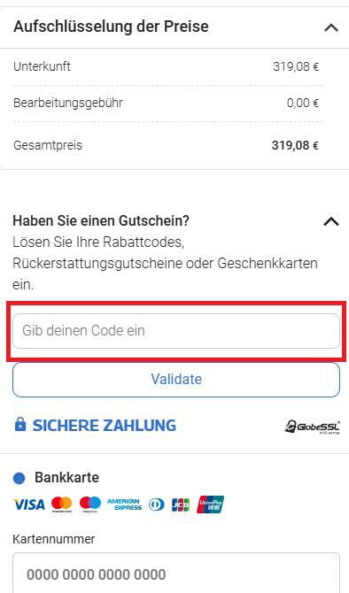 Screenshot vom Eingabefeld mit Hinweis darauf, wo du den Destinia Gutschein einlösen kannst