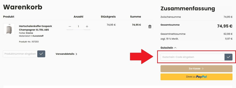 Eingabefeld für DeubaXXL Gutschein im Warenkorb des Online-Shops