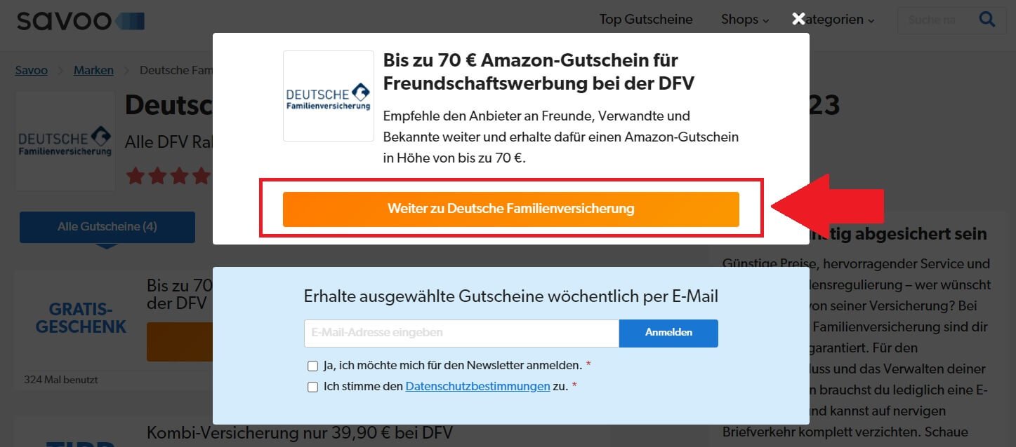 Einen Deutsche Familienversicherung Gutschein mit einem Klick auf den Coupon einlösen