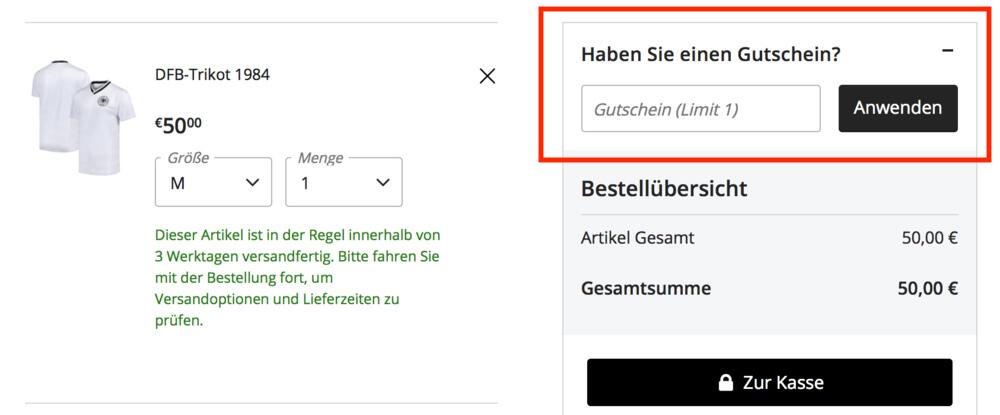 Warenkorb-Screenshot mit Eingabefeld für deinen DFB-Fanshop Gutschein