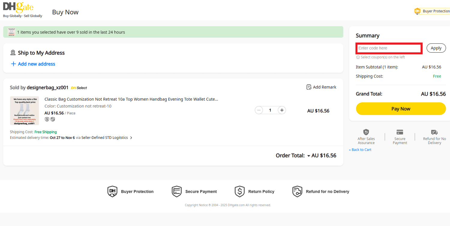 DHgate coupon code redemption box in shopping cart