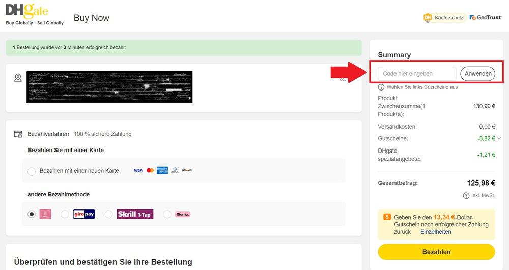 Screenshot vom Eingabefeld an der virtuellen Kasse, wo du einen DHgate Gutschein einlösen kannst