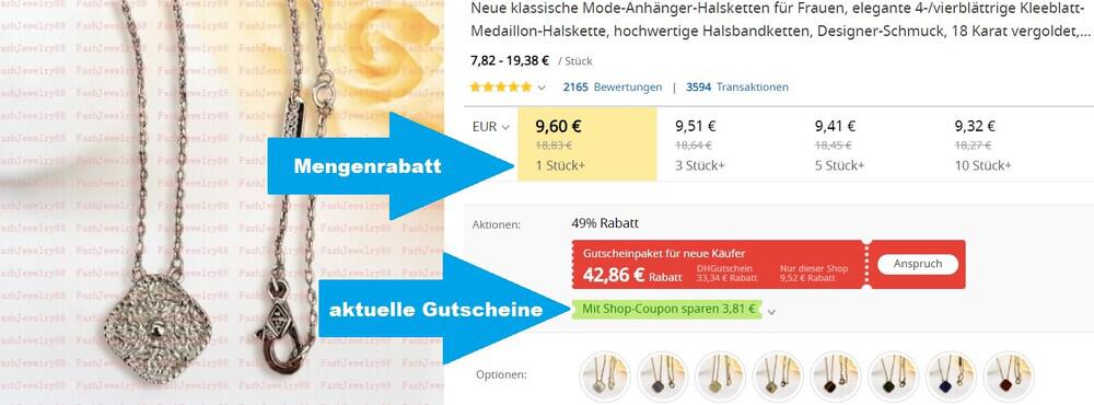 Screenshot einer Artikelseite im Shop mit Verweis auf Mengenrabatt und aktuelle DHgate Gutscheine
