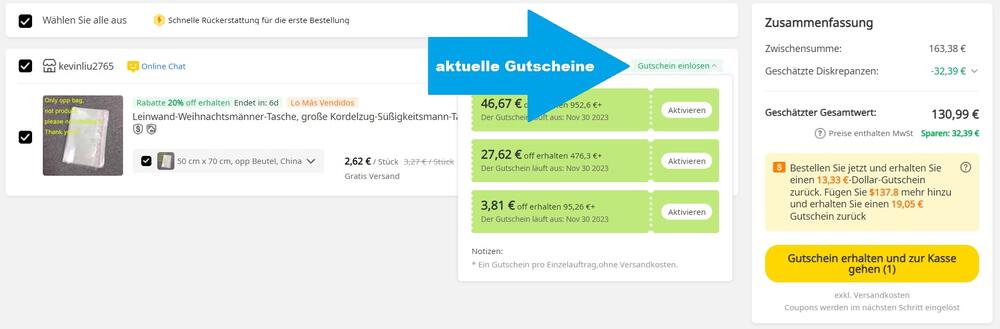 Screenshot vom DHgate Warenkorb mit Verweis auf die Option „Gutschein einlösen“