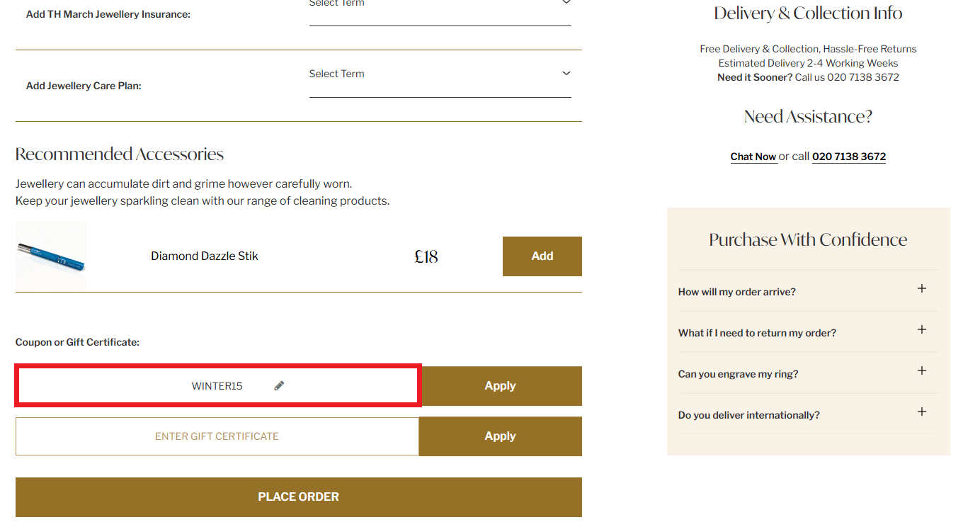 Diamonds Factory discount code box in shopping cart image
