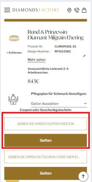 Eingabefeld für einen Diamonds Factory Rabattcode