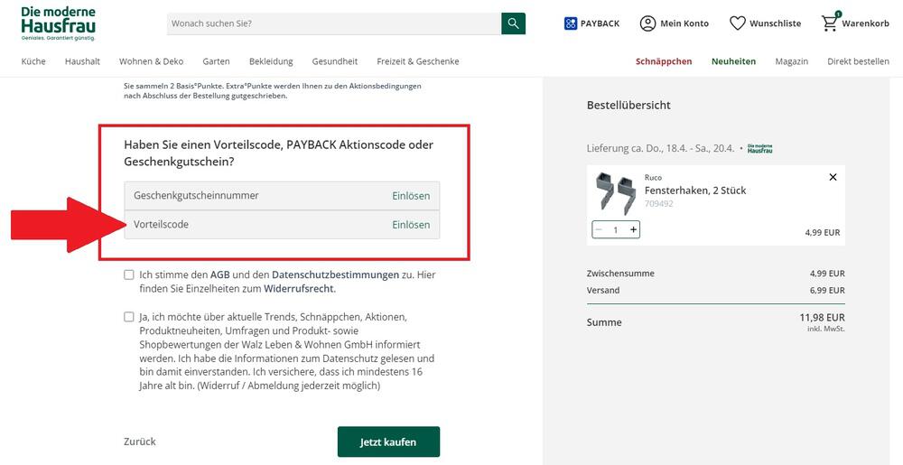 Bestellschritt "Zahlung" mit Eingabefeld für einen Die moderne Hausfrau Gutschein