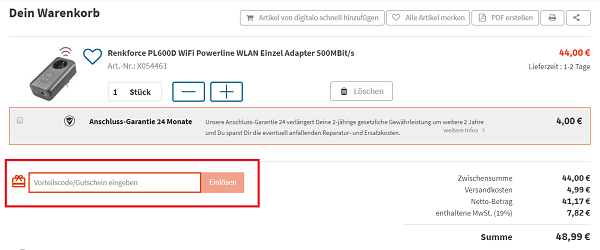 Eingabefeld für Digitalo Gutscheine