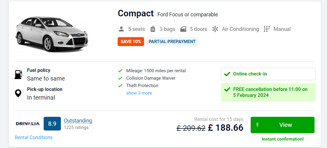 Discover Cars discounted car hire price screenshot