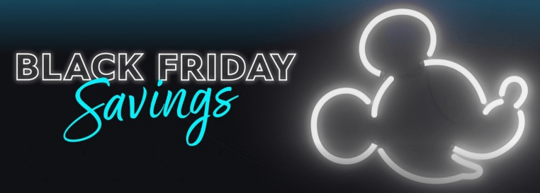 shopDisney black friday deals banner featuring the text black friday savings alongside a neon Mickey Mouse outline