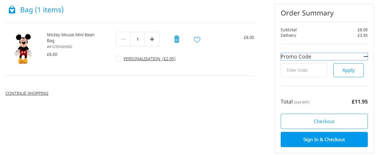 Disney Store discount code box during checkout