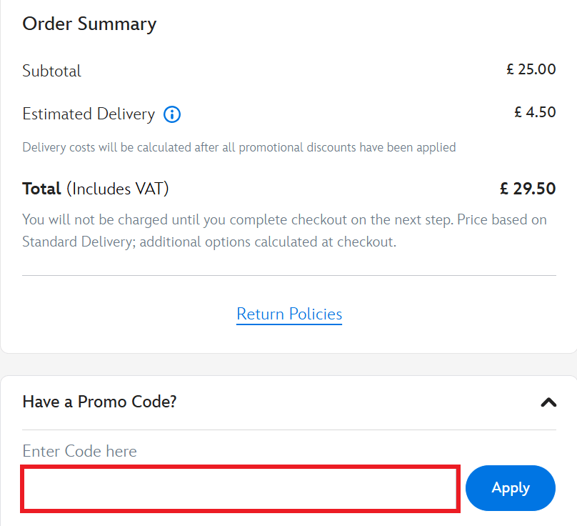 Disney Store discount code box during checkout