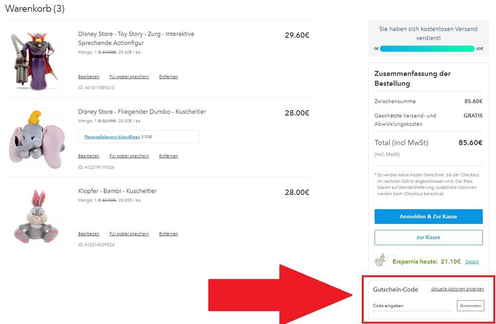 Eingabefeld für Disney Store Gutscheine im Warenkorb des Onlineshops