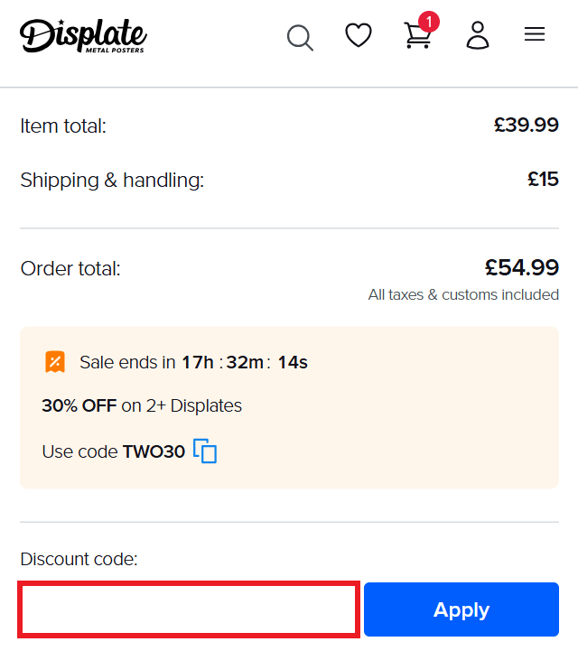 Displate discount code redemption box during checkout