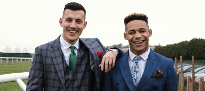 Dobell ways to save banner showing two smartly dressed men smiling at a racecourse