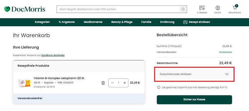 Screenshot vom Eingabefeld für einen DocMorris Gutschein