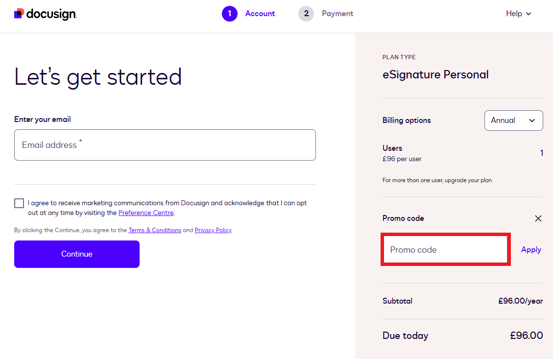 DocuSign discount code box during checkout