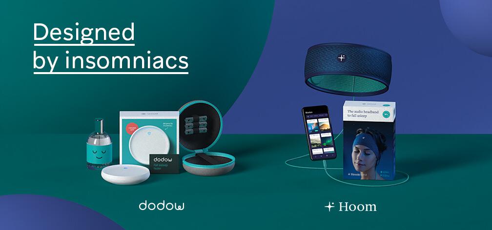 Dodow savings guide image - Banner featuring the Dodow device against a green and navy background. Text says designed by insomniacs