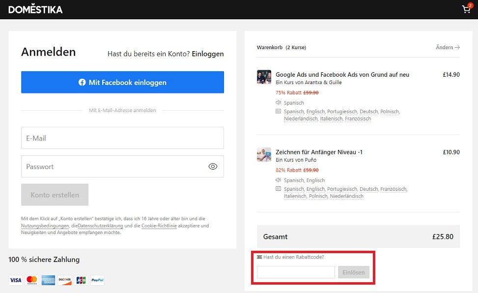 Screenshot aus dem Warenkorb mit Eingabefeld, wo du einen Domestika Gutschein einlösen kannst