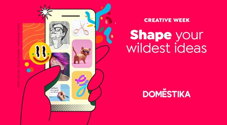 Pinkes Banner zu Domestika-Gutscheinseite mit der Domestika-App