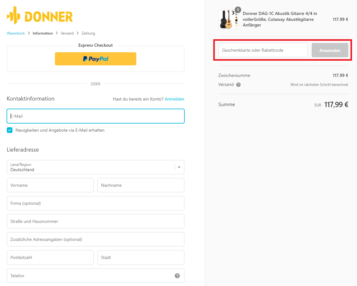 Screenshot vom Eingabefeld, wo du einen Donner-Gutschein anwenden kannst