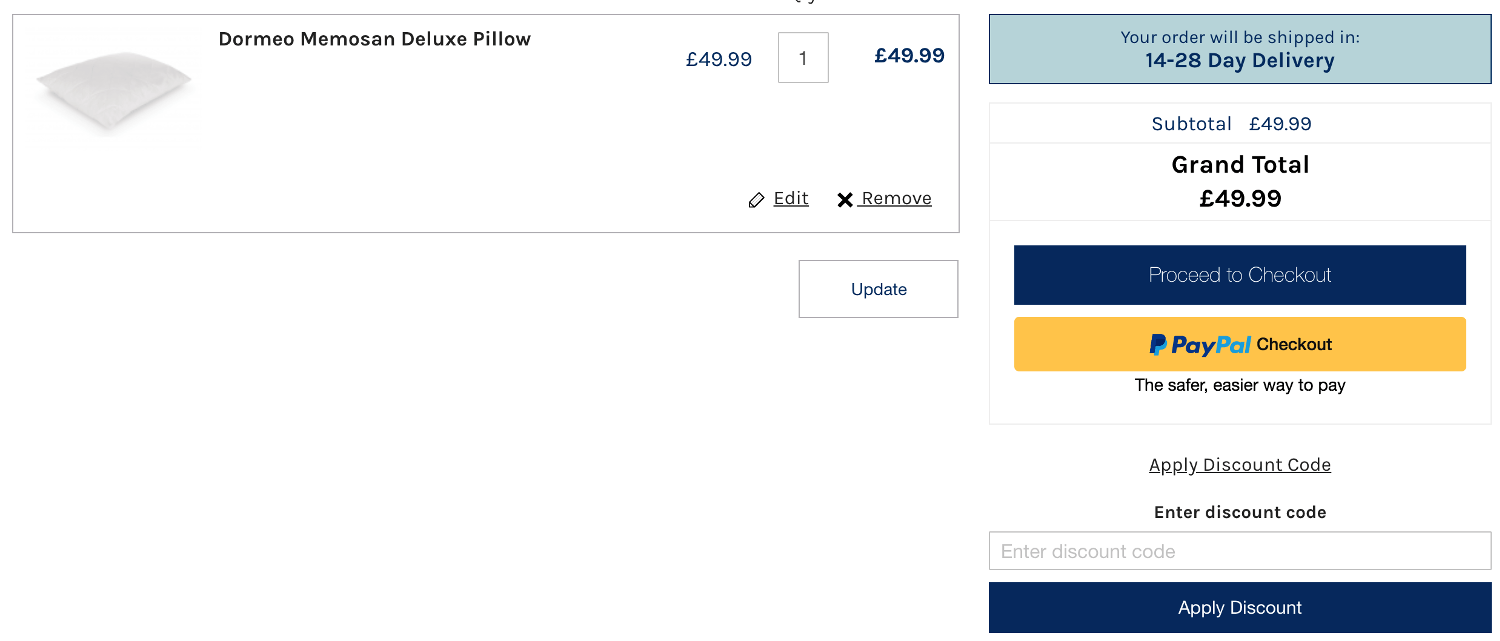 Dormeo discount code box in shopping basket