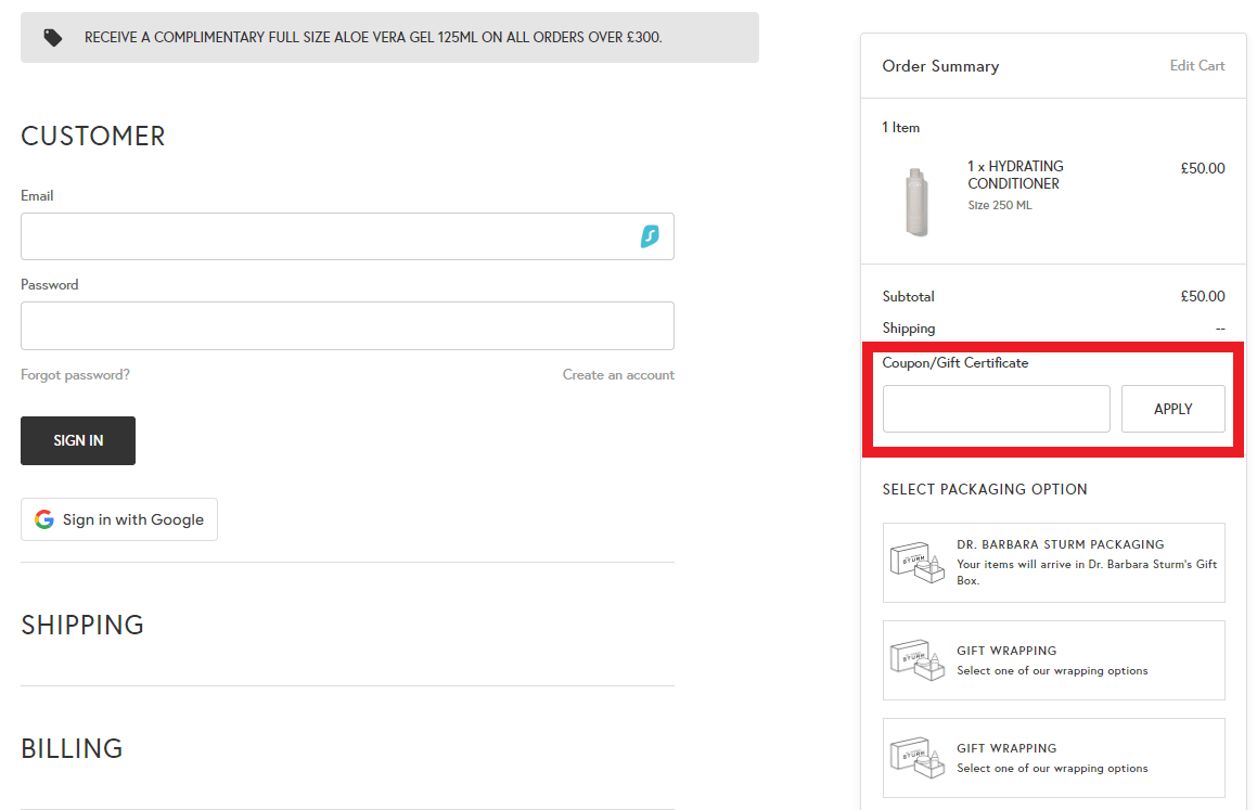 Dr. Barbara Sturm discount code redemption box during checkout