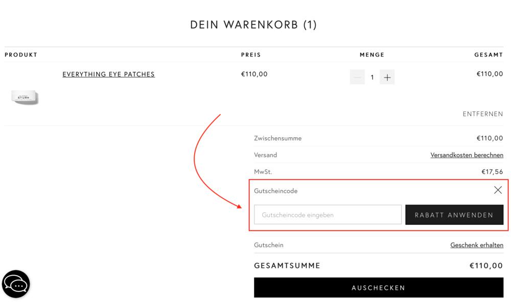 Warenkorb-Screenshot mit Eingabefeld für deinen Dr. Barbara Sturm Gutschein