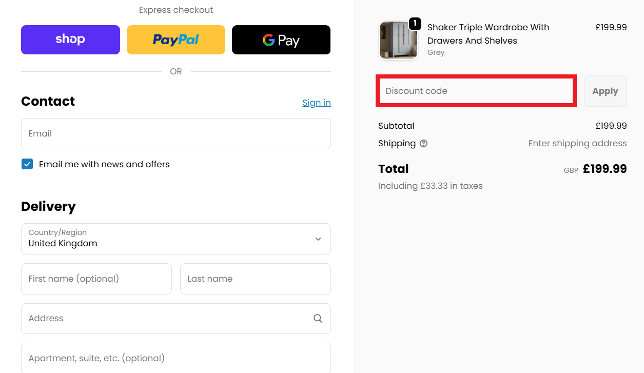 Dream Home Store discount code redemption box in shopping cart