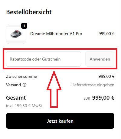 Screenshot von der Bestellübersicht, um einen Dreame Gutschein einzulösen