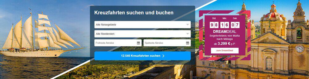 Suchmaske zum Ktreuzfahrt buchen bei Dreamlines sowie Countdown für Dream Deal der Woche