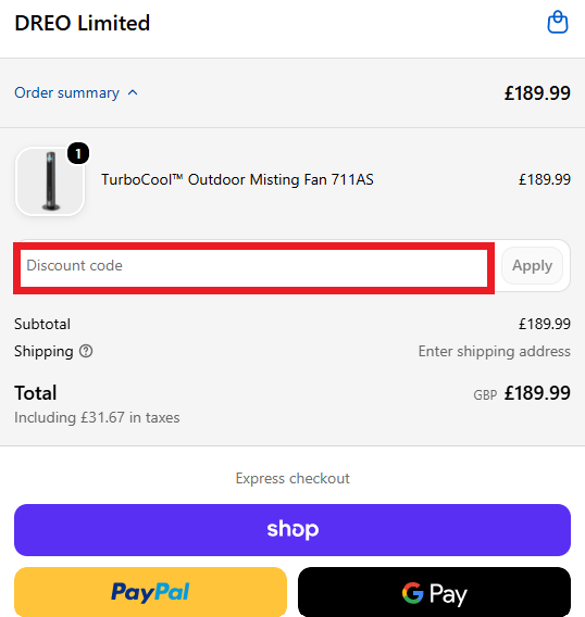DREO discount code box in shopping basket
