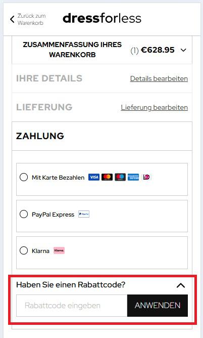 Eingabefeld für einen dress-for-less Rabattcode beim Bestellprozess