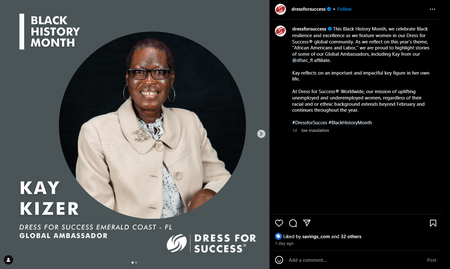 Dress for Success Black Friday History Month Instagram post