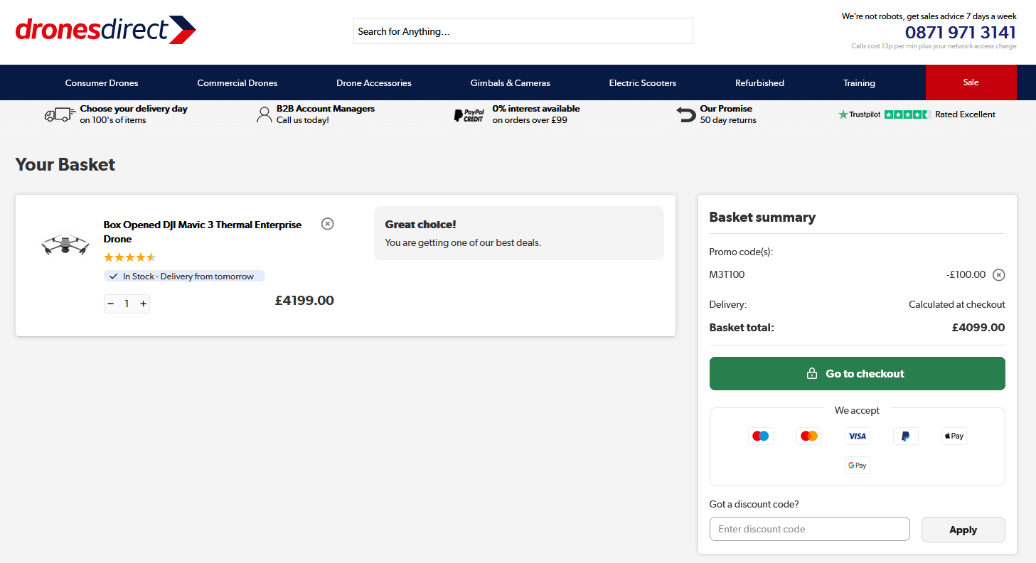 Screenshot of the Drones Direct discount code box at checkout on the Drones Direct website