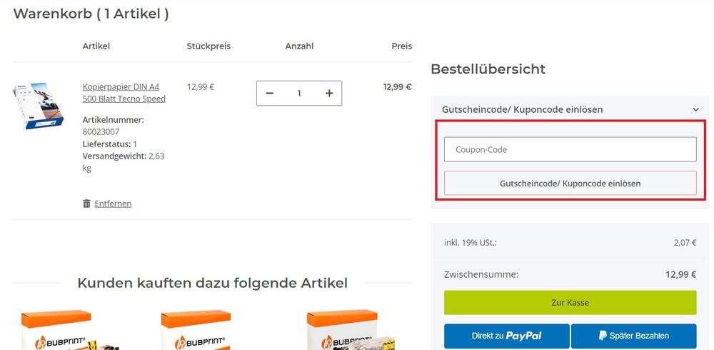 Screenshot vom Gutscheinfeld im Warenkorb, wo du einen Druckerpatronenexpress Gutschein einlösen kannst