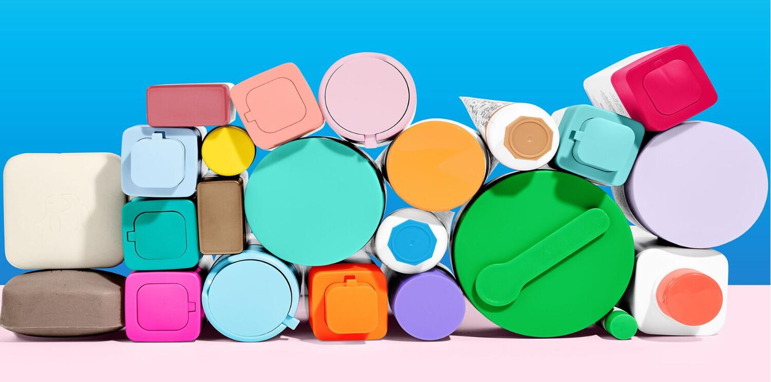 Drunk Elephant how to save banner - An assortment of beauty products turned on their side to reveal colourful lids