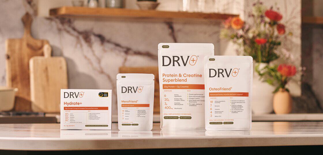 DRV+ deals page image showing a selected of branded products on a kitchen counter, including Hydrate+ and MenoFriend