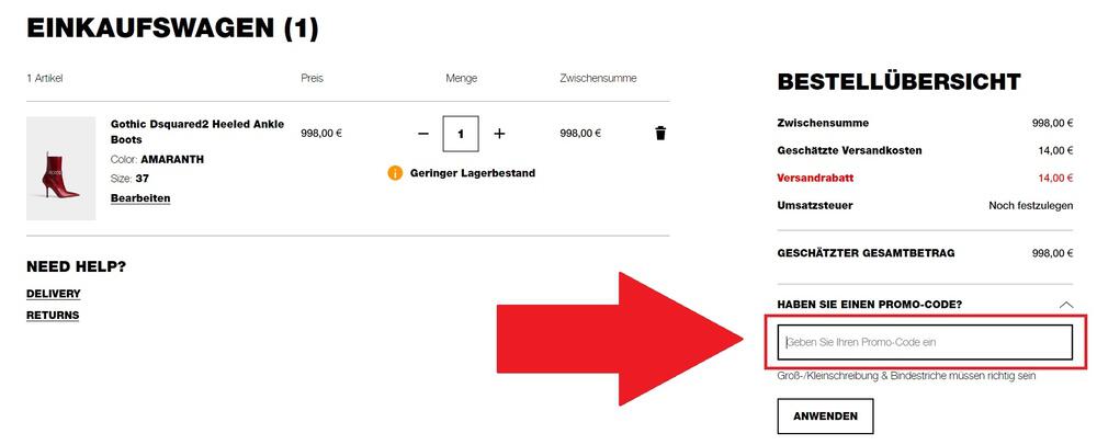 Screenshot Dsquared2 Gutschein einlösen