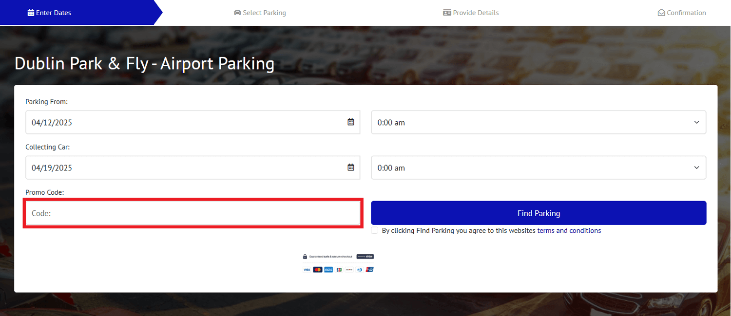 Dublin Airport Parking discount code redemption box image