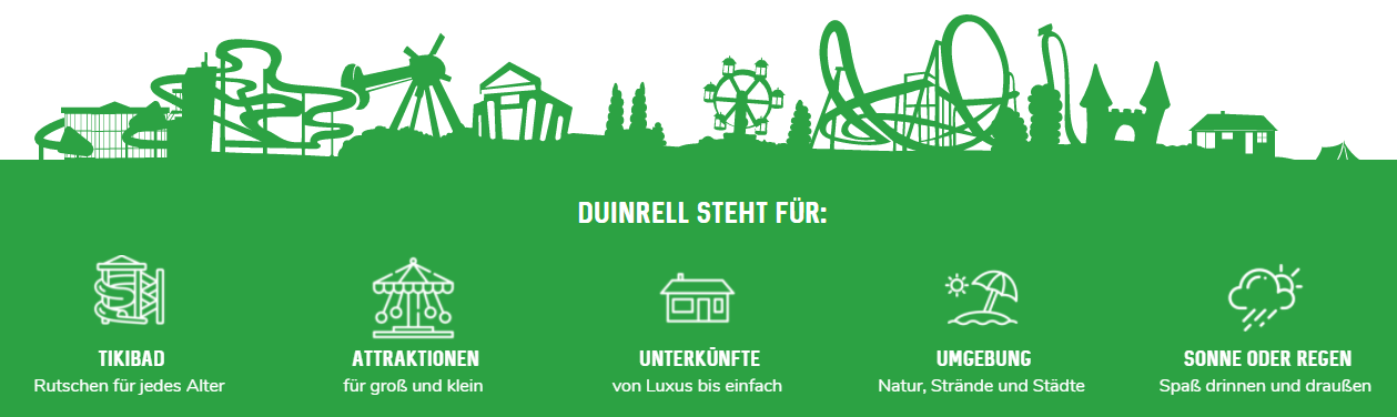 Diese Duinrell-Vorteile erwarten dich: Tikibad, unterschiedliche Unterkünfte, wunderschöne Natur, Attraktionen für Groß und Klein sowie Unterhaltung im Freien und überdacht.