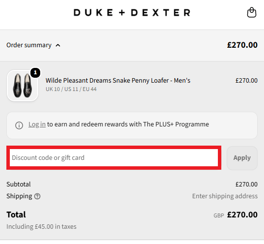 Duke + Dexter discount code redemption box in shopping basket