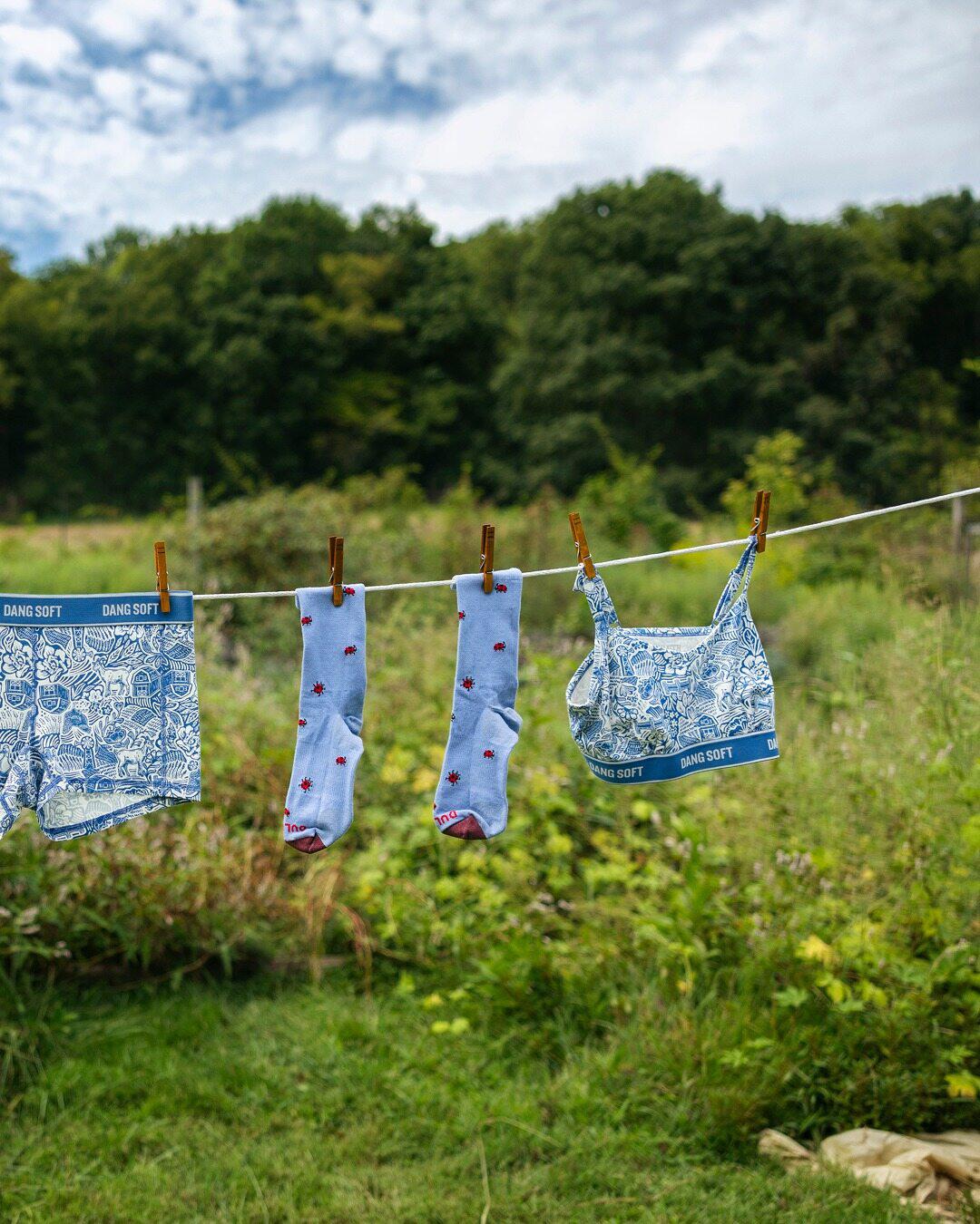 duluth trading company underwear hanging on a wire outdoors