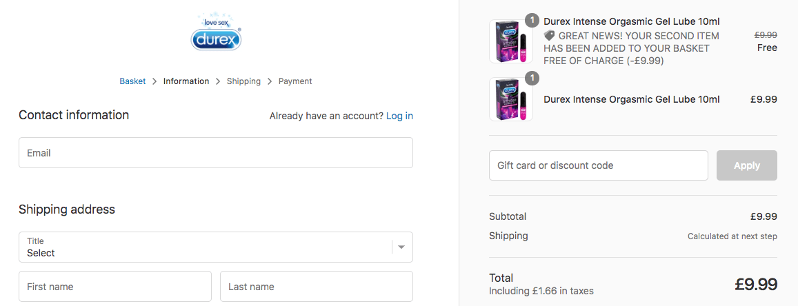 Durex discount code box at checkout picture