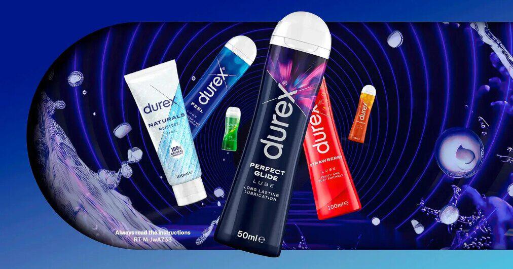 Durex product range banner featuring a selection of lube products on a dynamic blue background