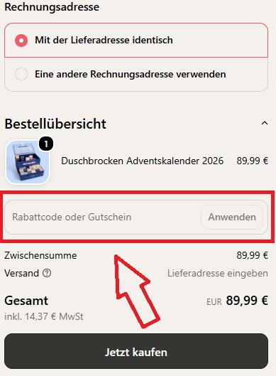 Screenshot vom Eingabefeld mit Hinweis darauf, wo du deinen Duschbrocken Gutschein einlösen kannst
